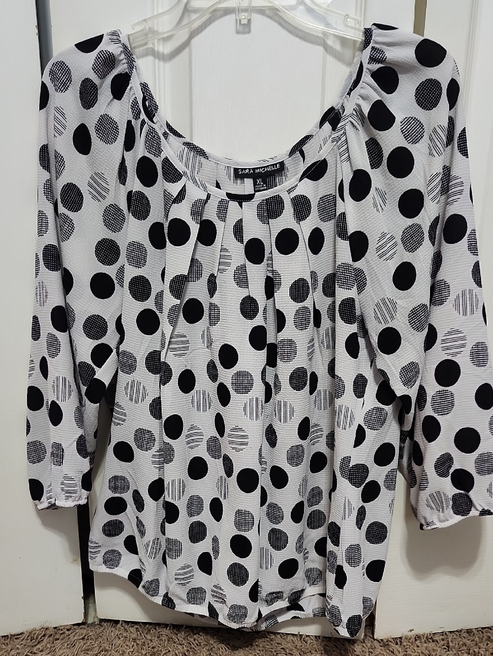Sara Michelle Black & White Polka Dot Scoop-Neck Blouse with Pleats